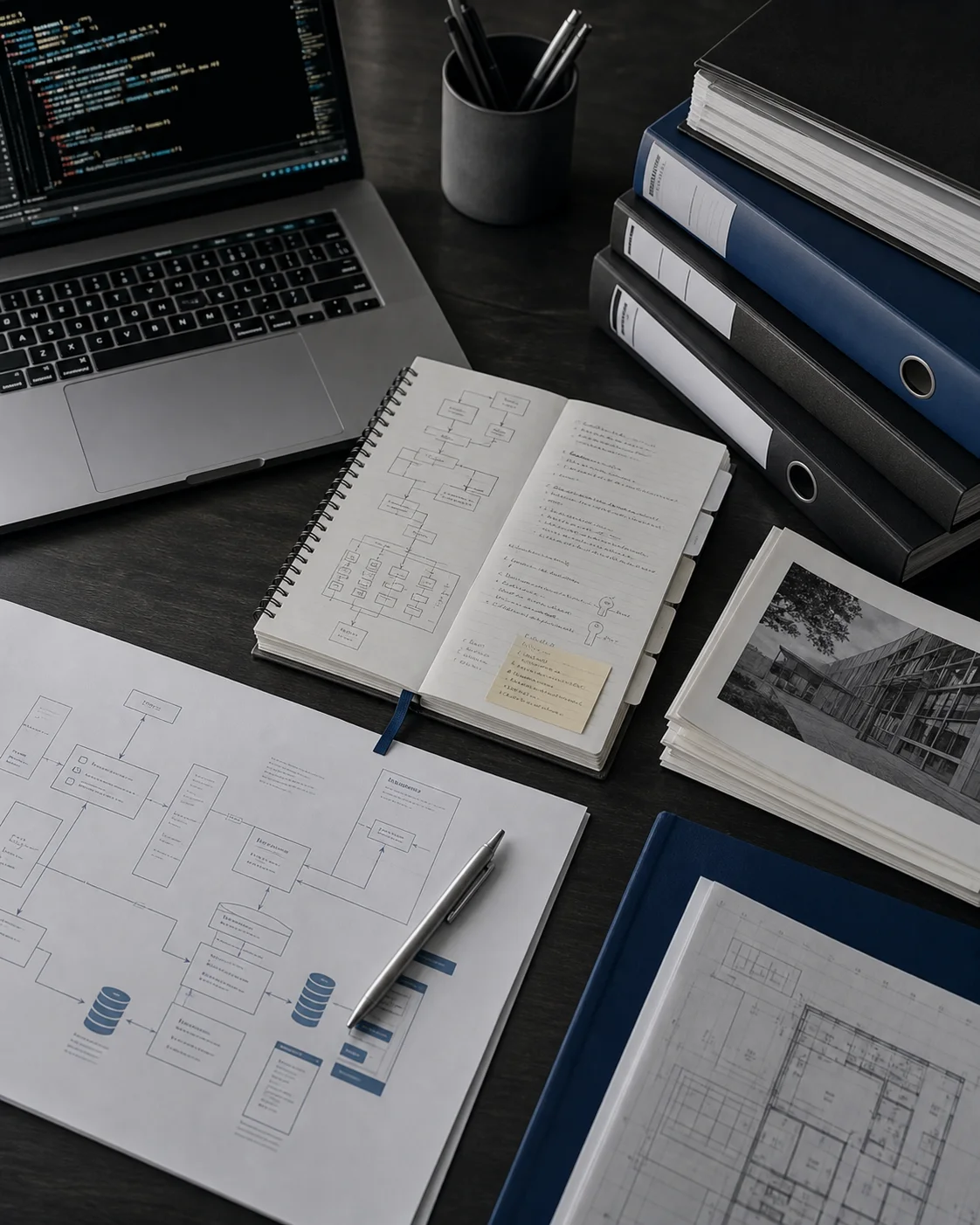 Project notebook, architecture diagrams, code, and organized documentation on a worktable